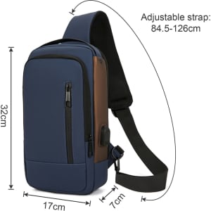 A blue anti-theft sling bag features an adjustable strap, multiple zippered pockets, and a compact design.