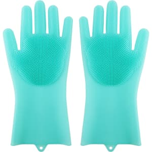 A pair of mint green silicone gloves feature textured surfaces for cleaning, with integrated brush-like nodules.