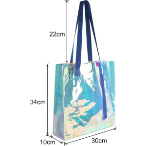 A PVC waterproof tote bag in iridescent colours with blue straps, measuring 34cm x 30cm x 10cm.