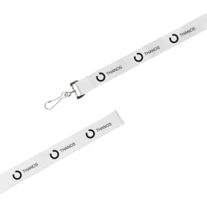 A white lanyard featuring black circular icons and the word "THANOS," with a metal clip for attaching items.