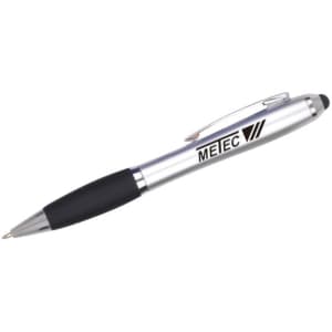 A silver stylus pen with a black grip and a logo, featuring both a ballpoint and touch tip.