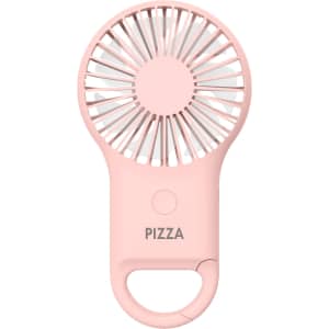 A pink carabiner mini fan with an LED light, featuring a logo and a circular design.