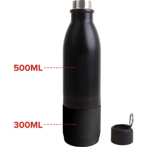 A drink bottle featuring a sleek black design, with a dual compartment for 500ml and 300ml capacities.
