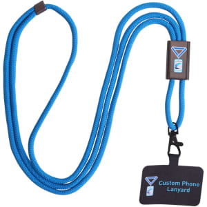 A blue adjustable phone lanyard with a metal buckle and a branded badge attachment.
