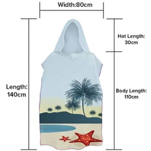 A hooded towel featuring a beach design with palm trees and starfish, predominantly in shades of blue and white.