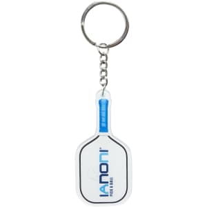 A custom-shaped acrylic keyring resembling a paddle, featuring blue and white colours, with a logo.