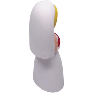 A white stress reliever shaped like a bride, featuring yellow hair and a red bouquet. It has a simple design.