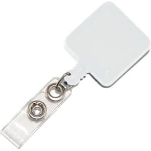 A square white retractable card holder with a clip and a metal attachment.