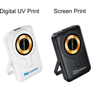 A 10000mAh magnetic wireless power bank available in white and black, featuring a phone stand and a logo.