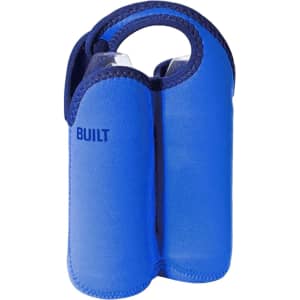 A drink bottle cooler in vibrant blue, featuring a twin design and a snap handle. It has a logo on one side.