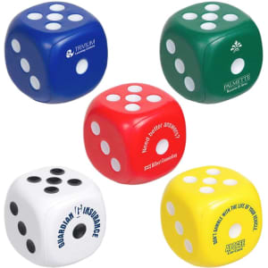 A set of colourful dice-shaped stress relievers in blue, green, red, white, and yellow, featuring various logos.