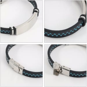 A black leather bracelet featuring blue stitching and a shiny silver clasp. It includes a branding logo on the clasp.