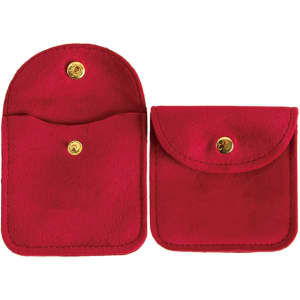 A square velvet jewelry pouch in rich red, featuring two compartments and gold snap closures.
