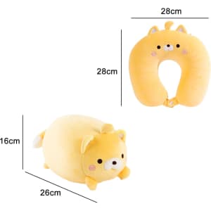 A plush, cat-shaped travel pillow in yellow, designed for comfort and playful aesthetics, measuring 28cm by 16cm.