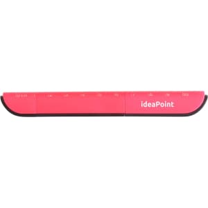 A pink multifunctional scissors tool with a ruler feature, featuring a logo on the surface.