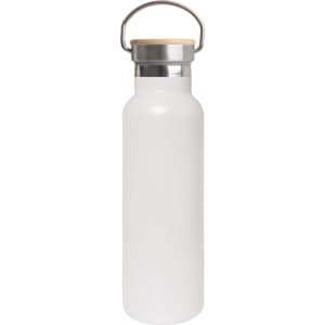 A drink bottle with a white body and bamboo lid, featuring a stainless steel carry handle.