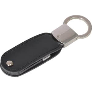 A black leather swivel flash drive with a metal keyring attachment. There is a silver metallic element on one end.