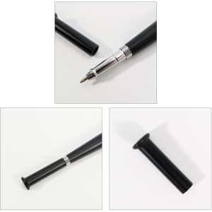 A black plastic pen shaped like a baseball bat, featuring a silver band near the tip and a logo on the side.