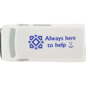 A white van-shaped stress reliever with a blue logo and text. Ideal for stress relief and fun.