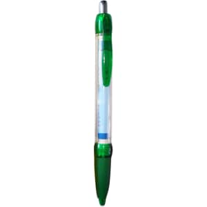 A plastic pen with a clear barrel and green accents, featuring a click mechanism and a logo.