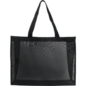 A black transparent mesh tote bag with a rectangular shape and two sturdy handles.