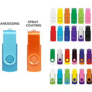 A collection of Belton Swivel Flash Drives in various colours, featuring a logo on each drive.