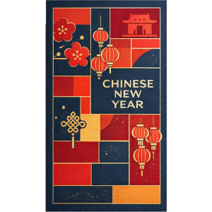 A Chinese red envelope featuring vibrant graphics of lanterns, flowers, and a traditional building in red and navy.