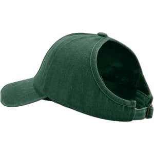 A green ponytail top hat featuring a curved brim and an open back design. Includes a logo on the side.