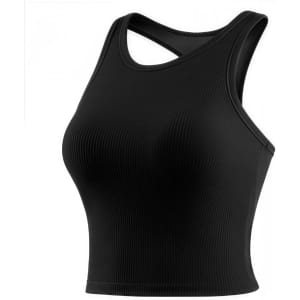 A black seamless wide-strap racerback yoga bra tank with ribbed detailing and a logo.
