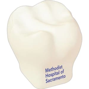 A white tooth-shaped stress reliever with a logo printed on it.