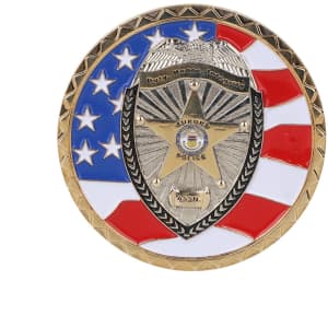 A commemorative gold coin pin featuring a shield design, accented with red, white, and blue elements, and a logo.