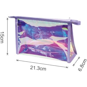 A purple travel cosmetic bag with a transparent, iridescent design, featuring dimensions of 21.3cm x 15cm x 6.8cm.