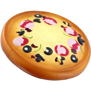 A pizza-shaped stress reliever featuring a brown crust and colourful toppings including peppers and olives.