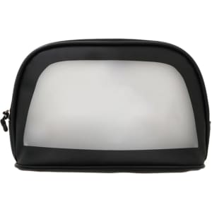 A waterproof transparent cosmetic bag in black with a clear front panel and a sleek design. It has a zipper closure.