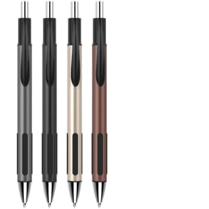 A set of four plastic pens in black, grey, gold, and brown, each featuring a sleek design and a branding logo.
