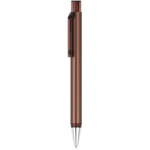 A brown plastic pen with a sleek design and a clip for easy attachment. It has a silver tip for writing.