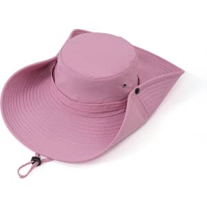 A wide brim sun hat in a soft pink colour with a round crown and adjustable drawstring. It includes a logo.
