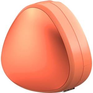 A portable charging cable in an orange, triangular design with a logo on its surface.