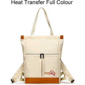 A cream convertible nylon backpack with brown accents and a logo, featuring adjustable straps and a front zip pocket.