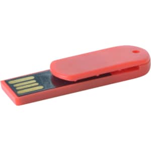 A red paper clip-style flash drive with a protective cap, featuring a small logo on the side.