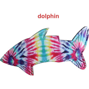 A multi-coloured, tie-dye dolphin-shaped Icy Pole Holder featuring vibrant shades of pink, blue, yellow, and green.