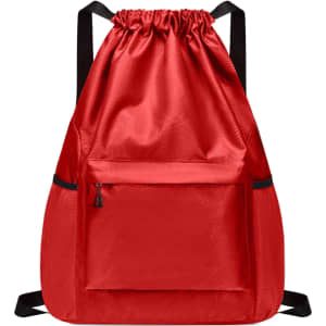 A red multi-pocket drawstring backpack with a front zip pocket and black straps. It has a simple design and a logo.