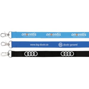 Three promotional lanyards in blue and black, featuring different branding and clip attachments.