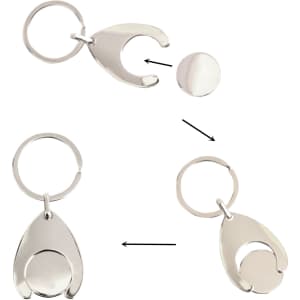 A silver teardrop-shaped keyring featuring a removable trolley coin. It includes a circular disc and a metal keyring component.