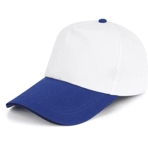 A cap featuring a white crown and a blue peak, with a central blue button on top and a logo on the side.