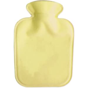 A hot water bottle with a soft yellow plush cover, featuring a simple design and rounded top.