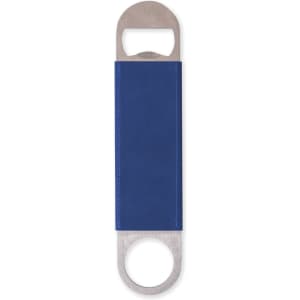 A drink bottle opener featuring a blue PU handle and stainless steel ends, with a logo on the surface.
