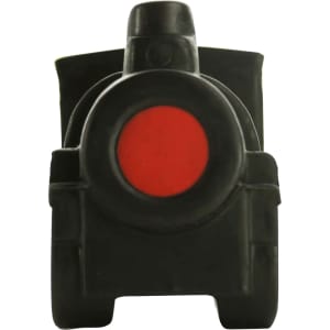 A black locomotive-shaped stress reliever with a red circular detail, featuring an emblem or logo.
