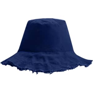 A navy blue bucket hat with a raw edged brim and no visible logo.