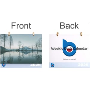 A desk calendar featuring a serene landscape on the front and branding on the back, primarily in white with blue elements.